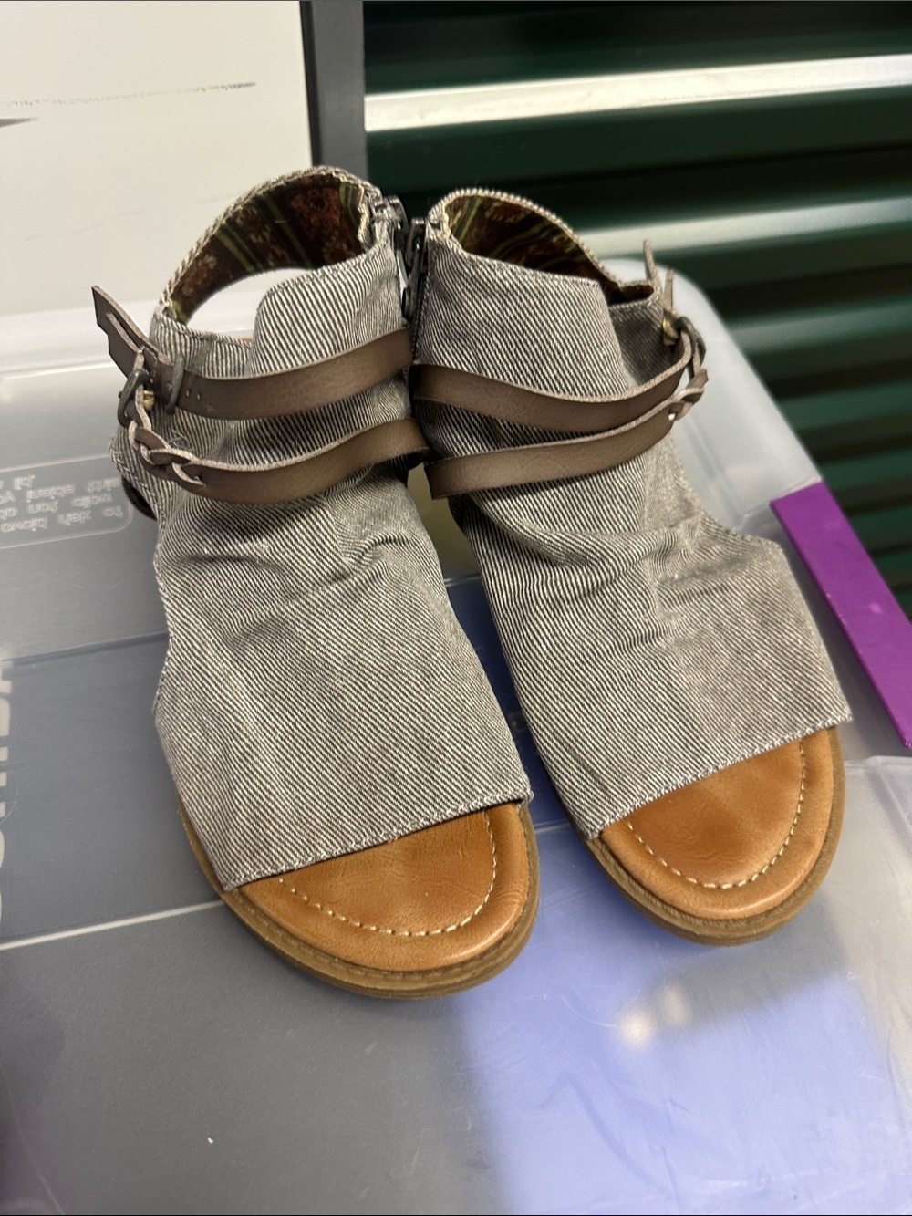 Blowfish Taupe Denim-Look Open Toe Sandals with Brown Straps